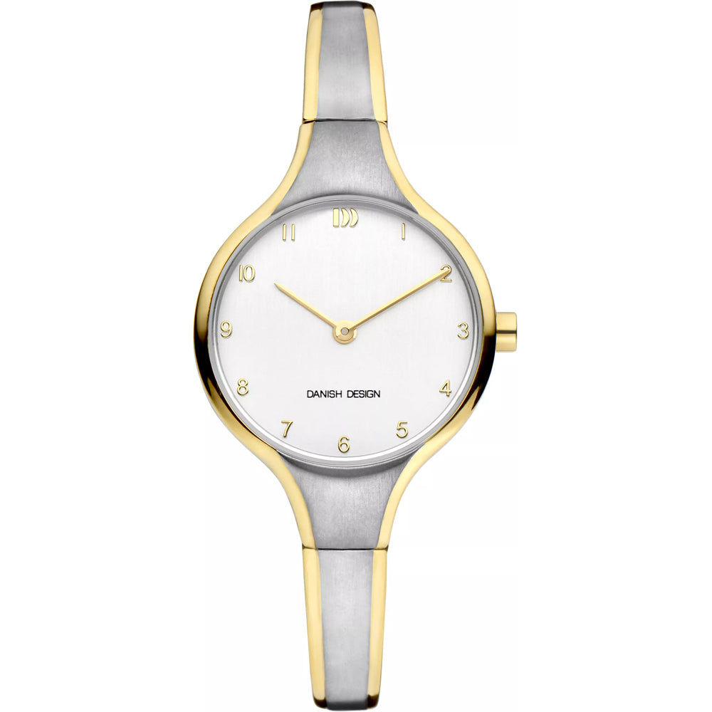 Gouden horloge met een witte wijzerplaat, slanke zilveren band en minimalistische cijfers.