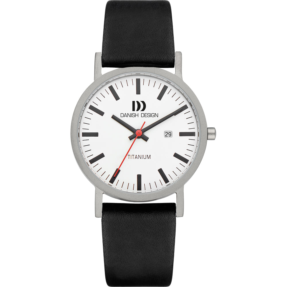 Titanium horloge met witte wijzerplaat, zwarte leren band en rode secondewijzer.