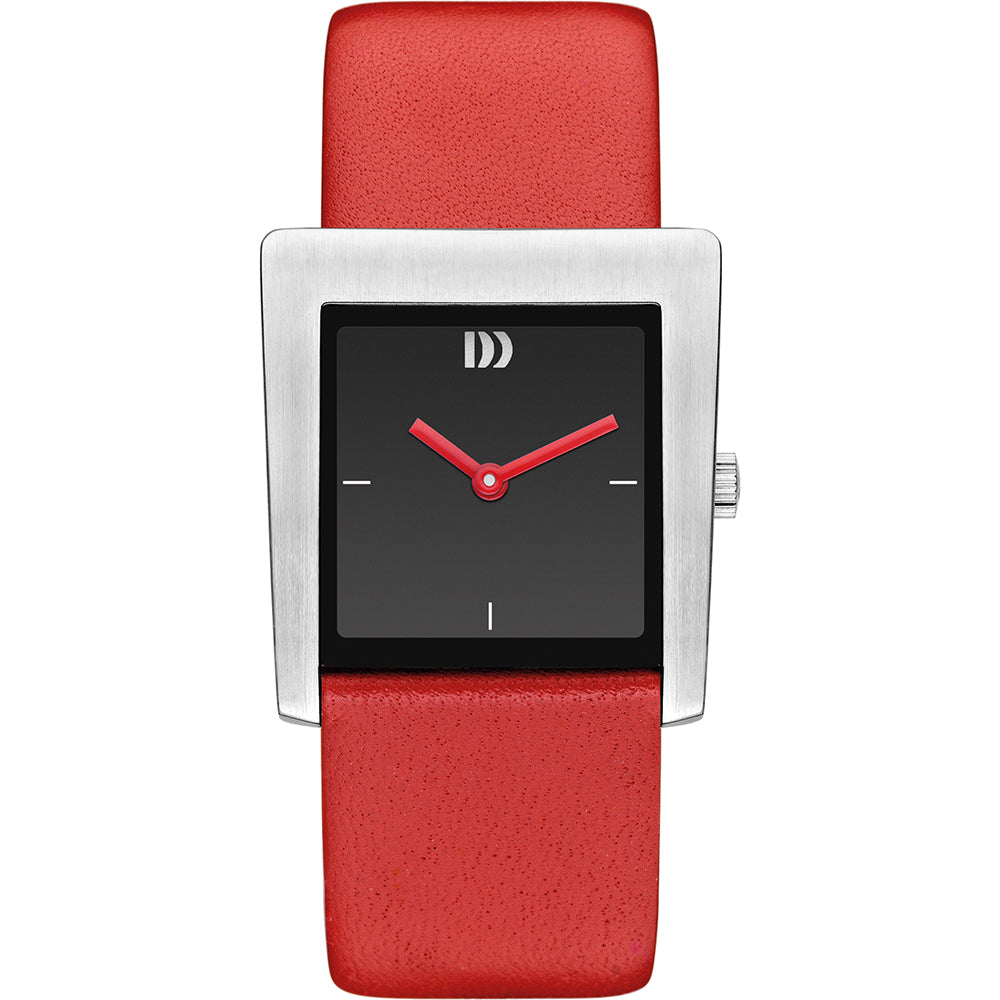 Zwart vierkant horloge met rode leren band en rode wijzers.