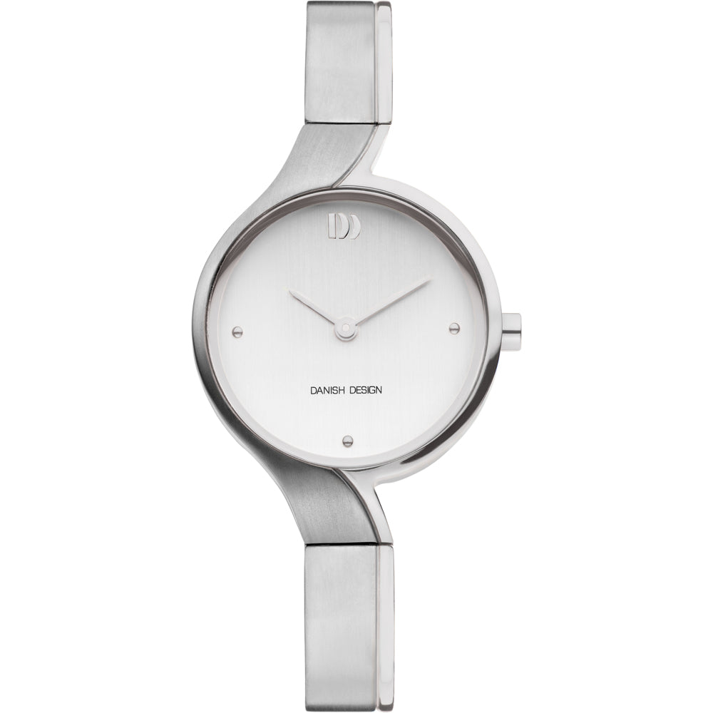 Zilveren horloge met een minimalistische wijzerplaat en een gladde, metalen band.