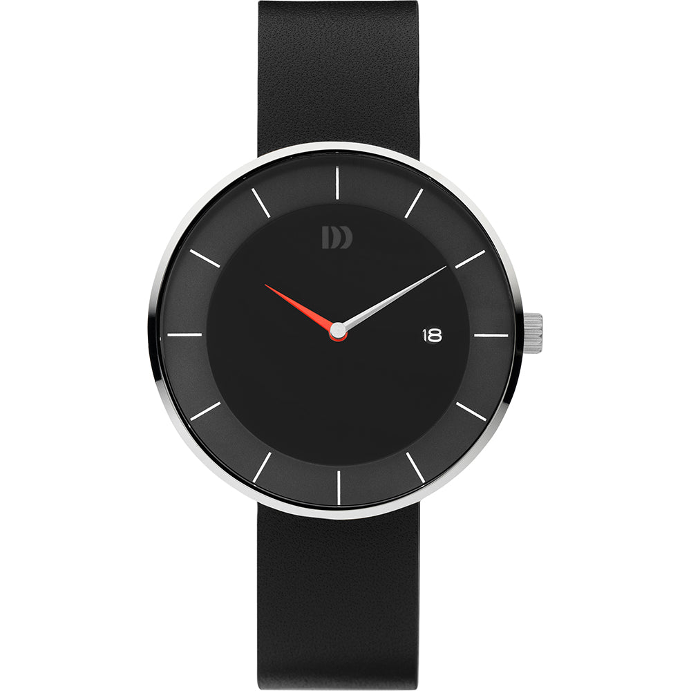 Zwart horloge met een minimalistische wijzerplaat, zilveren kast en een zwarte rubberen band.