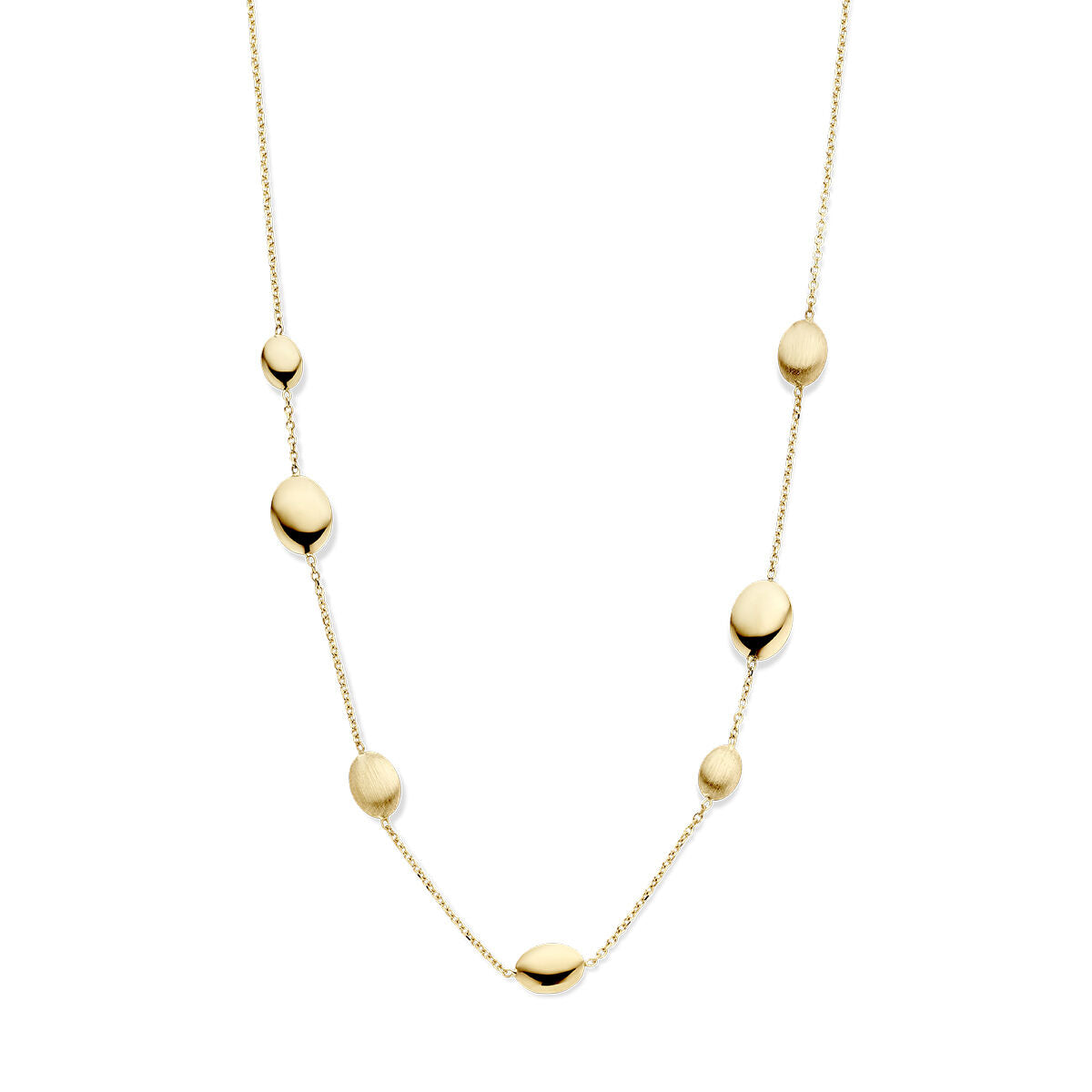 Collier van 14K geelgoud met een combinatie van gepolijste en matte schijven, 43 cm lang.