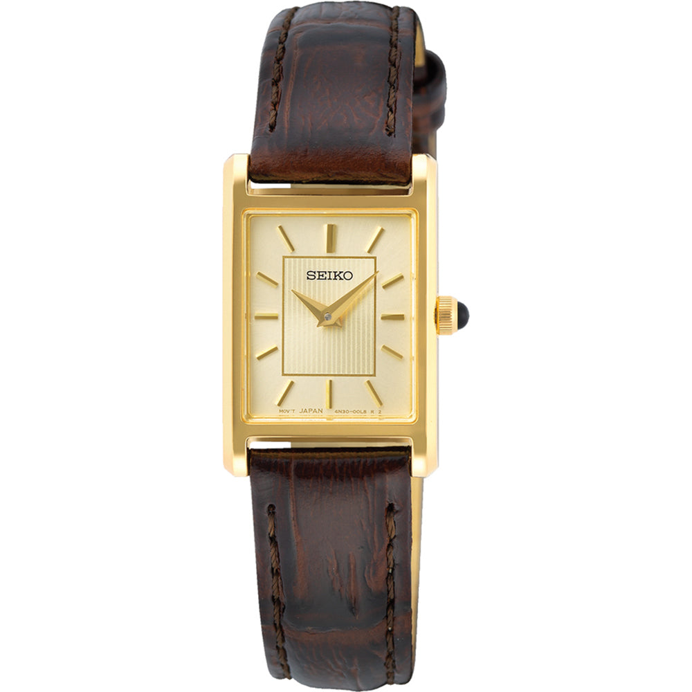 Gouden dames horloge met een vierkante wijzerplaat en een bruine leren band.