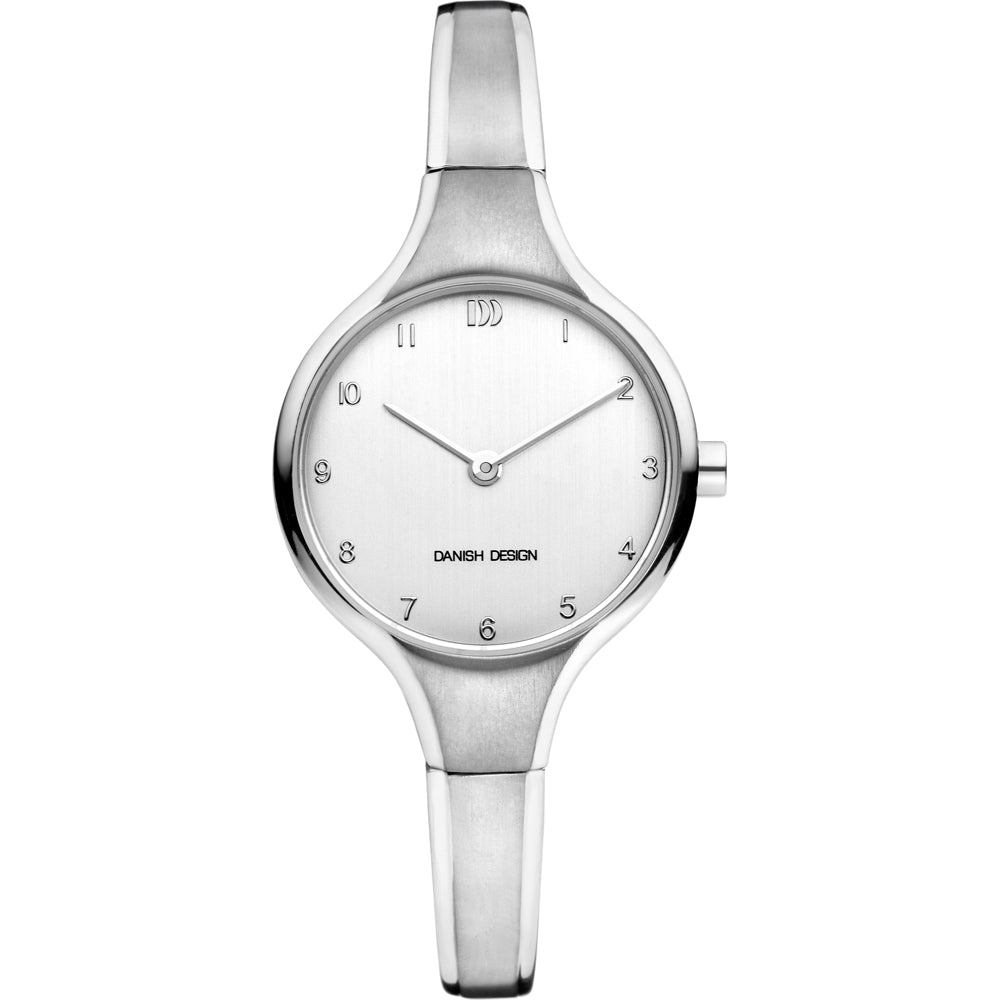 Zilveren horloge met een eenvoudige wijzerplaat en minimalistische cijfers.
