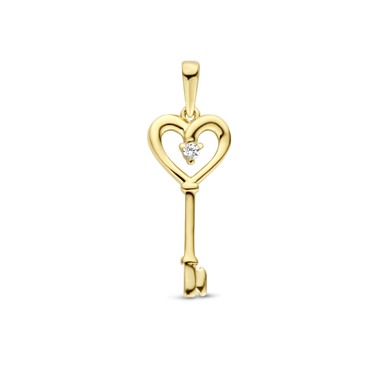 Hanger in de vorm van een sleutel met een hart, uitgevoerd in 14K geelgoud en versierd met een zirkonia.