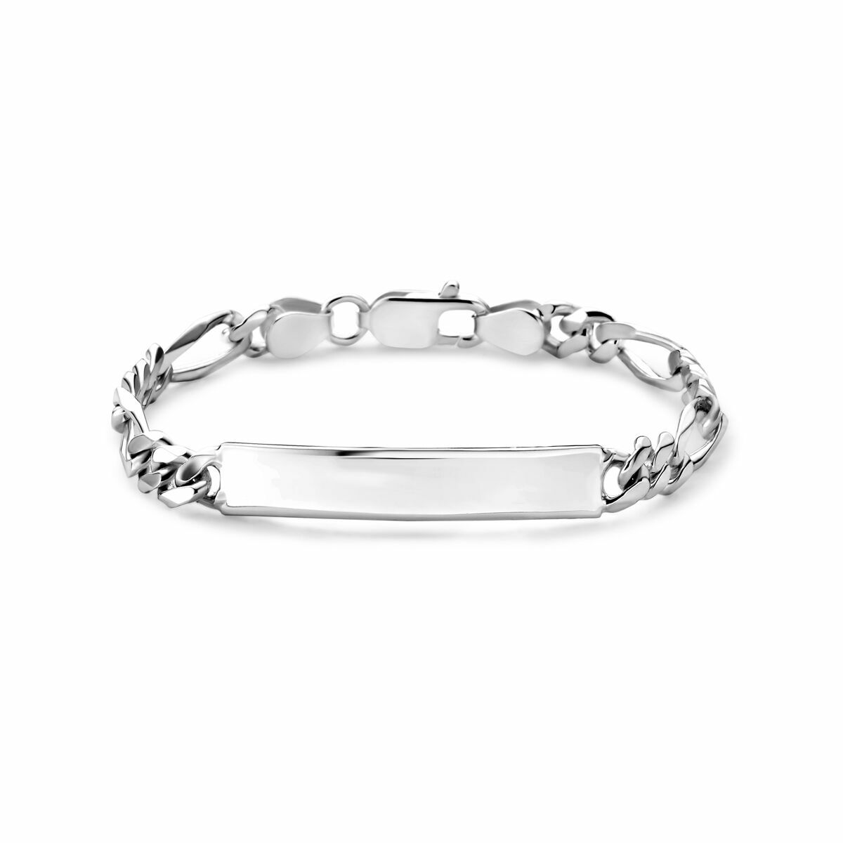 De Van der Kooij Collectie graveerarmband figaro plaat 8,0 mm zilver wit is een 925 zilveren armband met een platte, rechthoekige naamplaat en veilige sluiting-perfect als gepersonaliseerde armband voor mannen.
