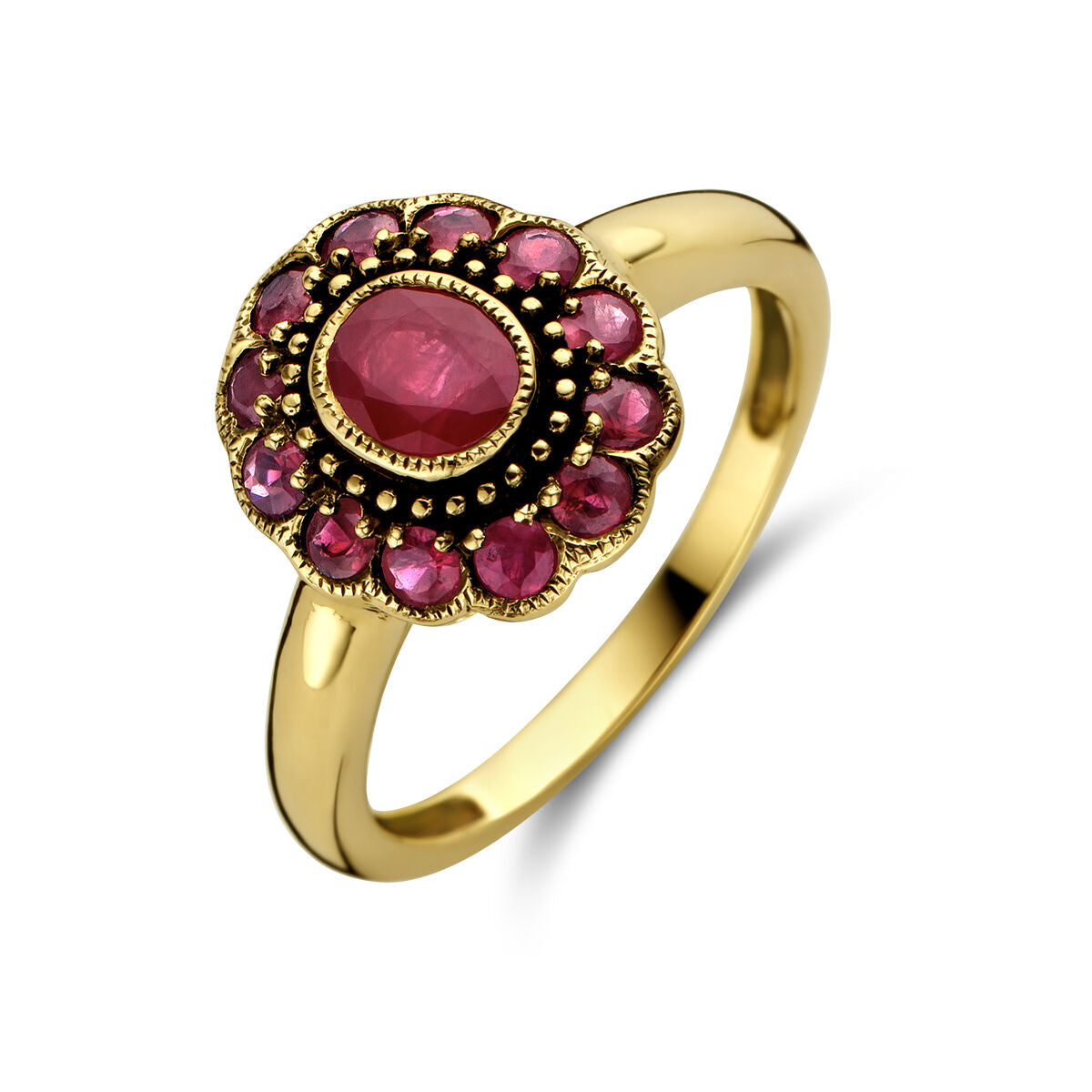 De ring robijn 14K geelgoud uit de Van der Kooij Collectie heeft een centrale ovale rode edelsteen, omringd door kleinere ronde stenen in een sierlijk vintage ontwerp en is afgebeeld op een witte achtergrond.
