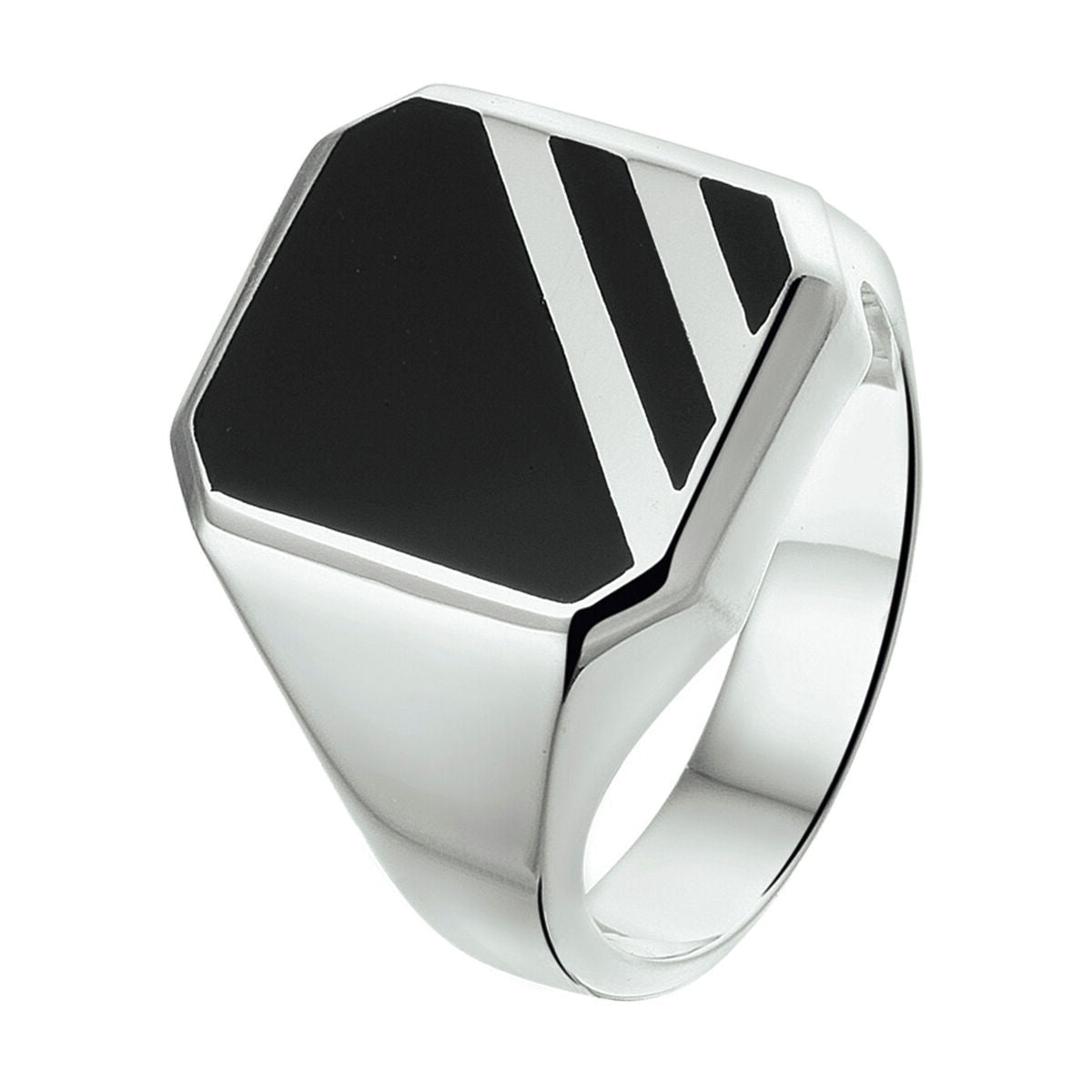 Zilveren zegelring met massieve onyx, gerhodineerd en zeshoekige vorm.
