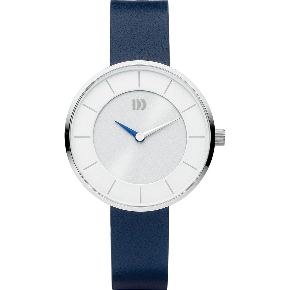 Zilveren horloge met witte wijzerplaat en blauwe leren band.