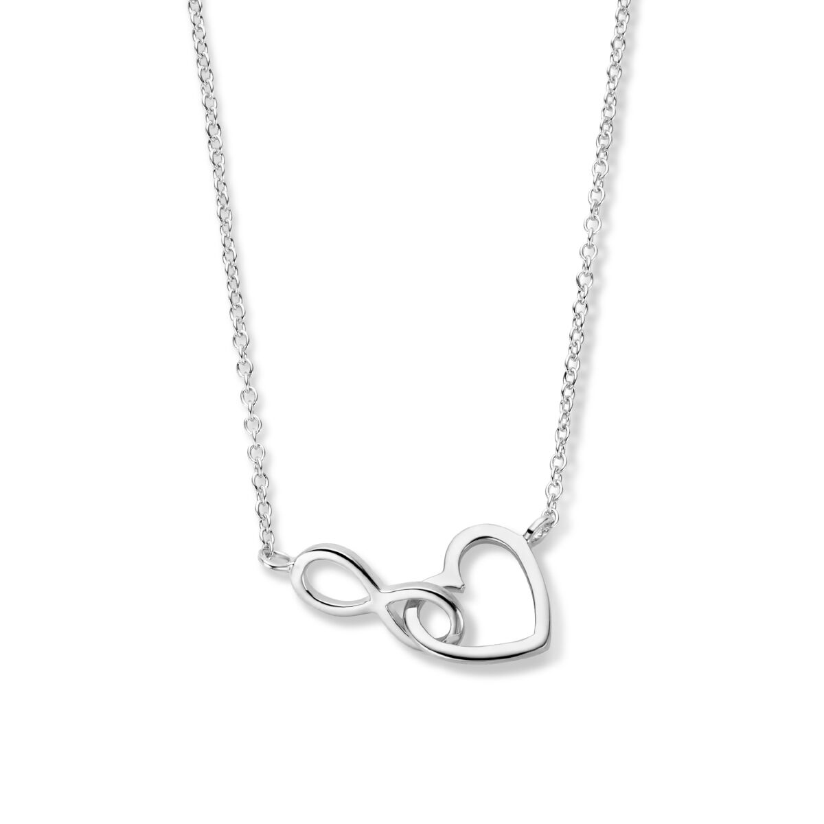 Zilveren gerhodineerde ketting met een hart- en infinity-symbool.