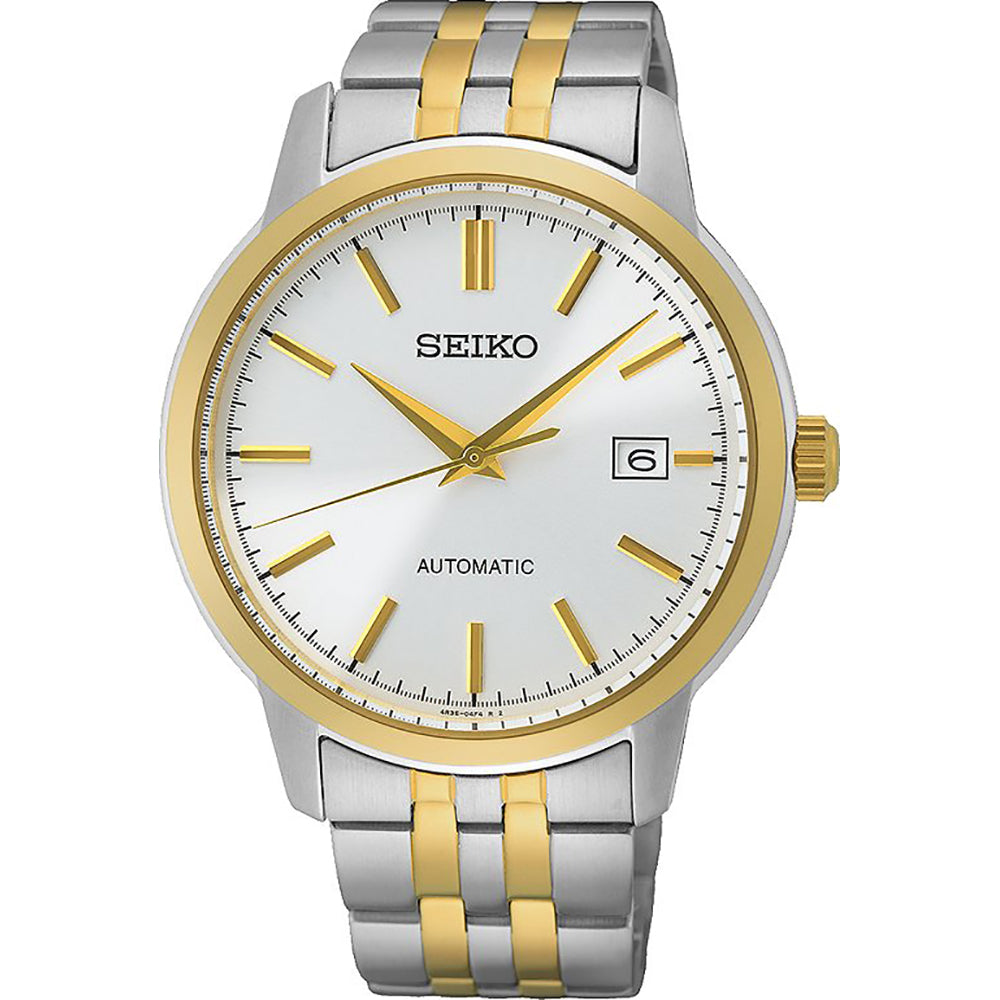 Heren horloge met zilveren en gouden accenten, witte wijzerplaat en automatische beweging.