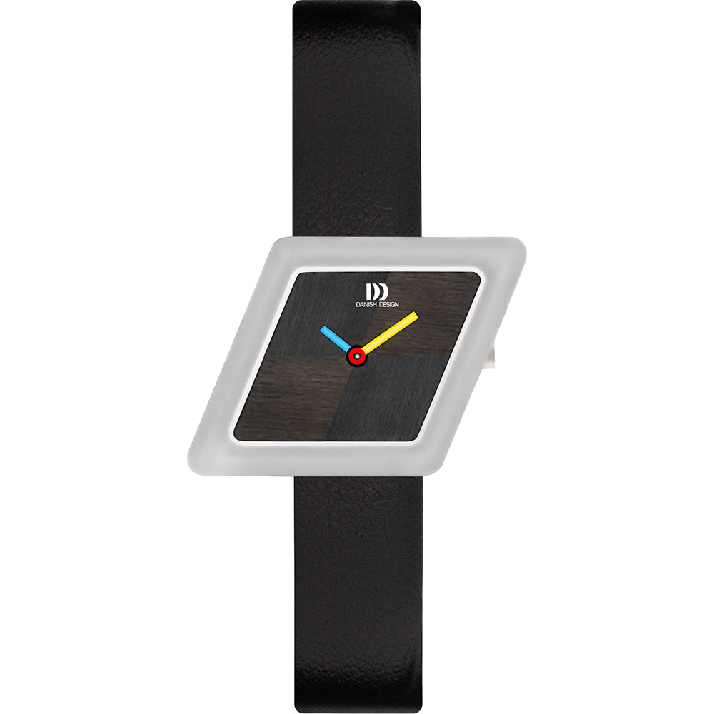 Zwart horloge met een vierkante wijzerplaat, witte rand en gekleurde wijzers.