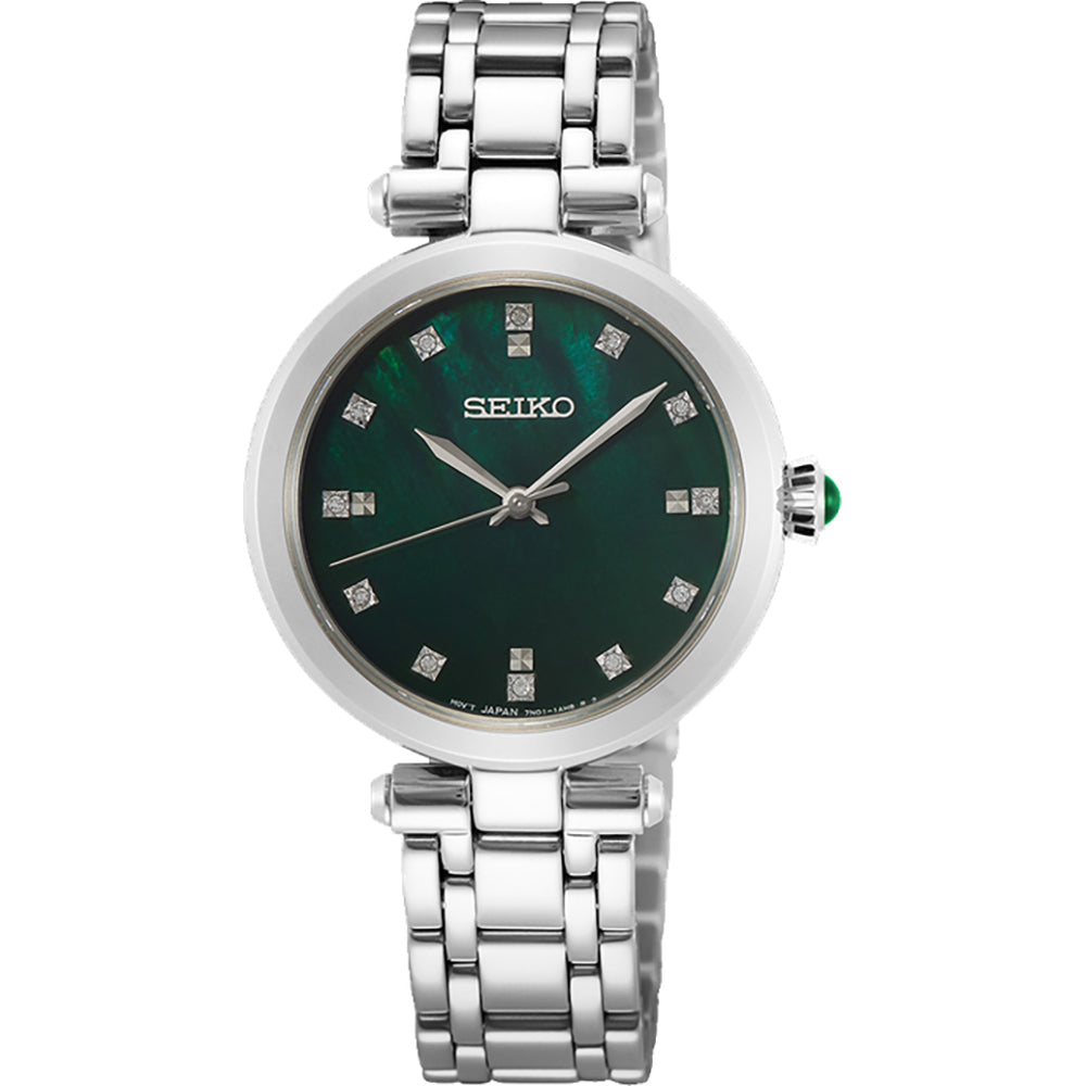 Zilveren dames horloge met groene wijzerplaat en diamantvormige indexen.