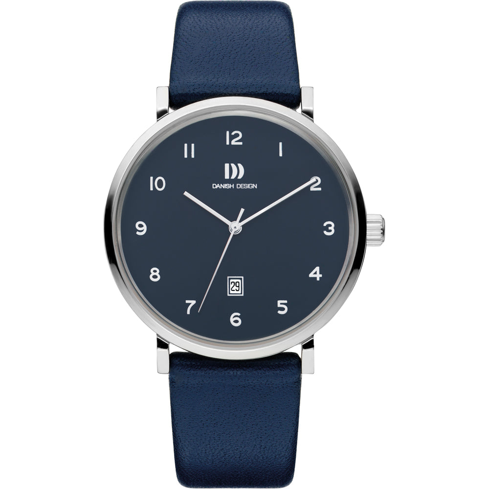 Blauw horloge met een ronde wijzerplaat, zilveren kast en een leren band.