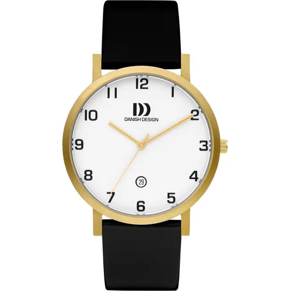 Gouden horloge met een witte wijzerplaat en zwarte rubberen band.