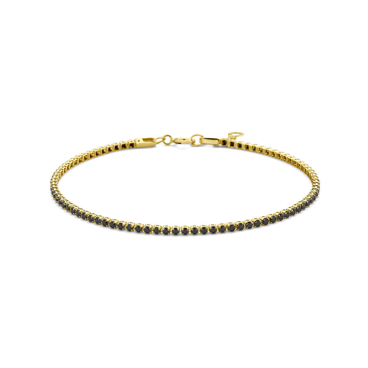 Tennisarmband van 14K geelgoud met zwarte spinel steentjes van 1,5 mm, verstelbaar van 16,5 tot 18 cm.