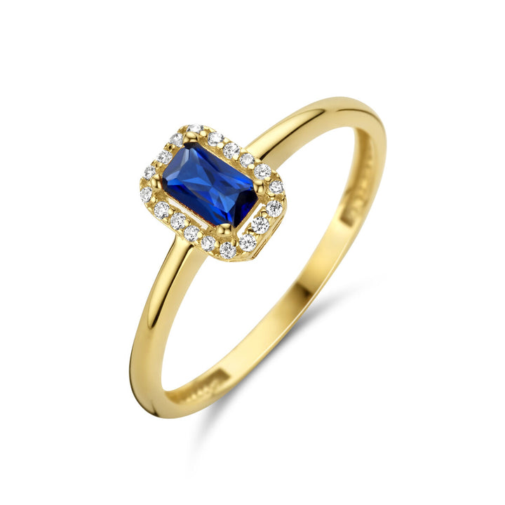 ring synth. sapphire and zirconia halo 14K yellow gold