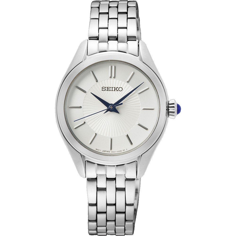 Zilveren dames horloge met een witte wijzerplaat en een metalen schakelband.