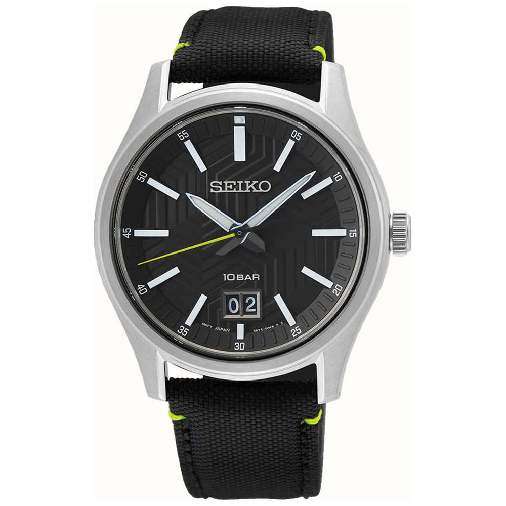 Zwart heren horloge met stalen kast, zwarte wijzerplaat, groene accenten en een zwarte band.