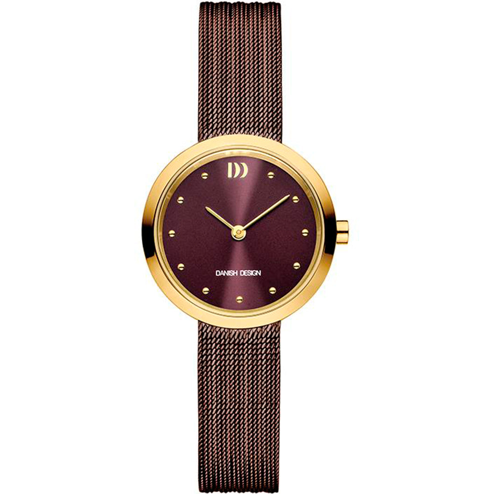 Gouden horloge met paarse wijzerplaat, mesh-band en gouden indexen.