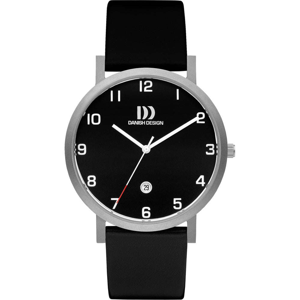 Zwart horloge met een ronde wijzerplaat, zilveren kast en een zwarte rubberen band.