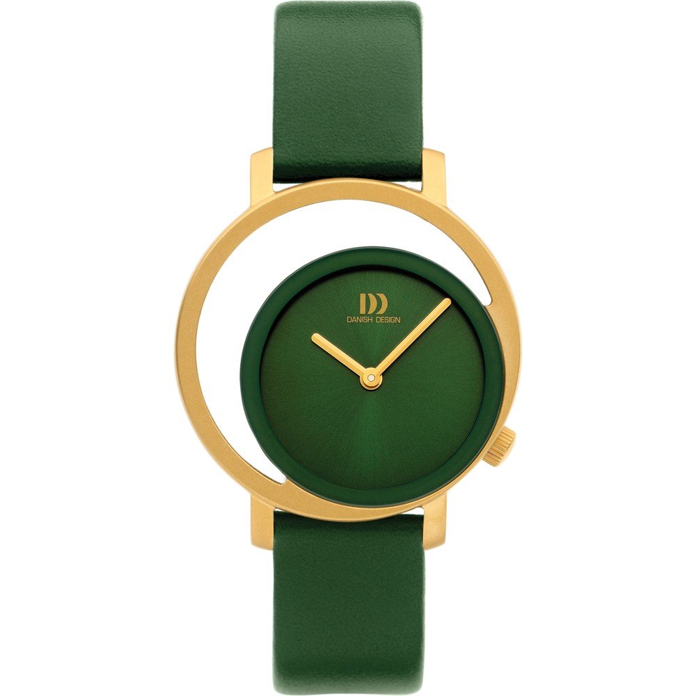 Groen horloge met gouden details, ronde wijzerplaat en een groene leren band.