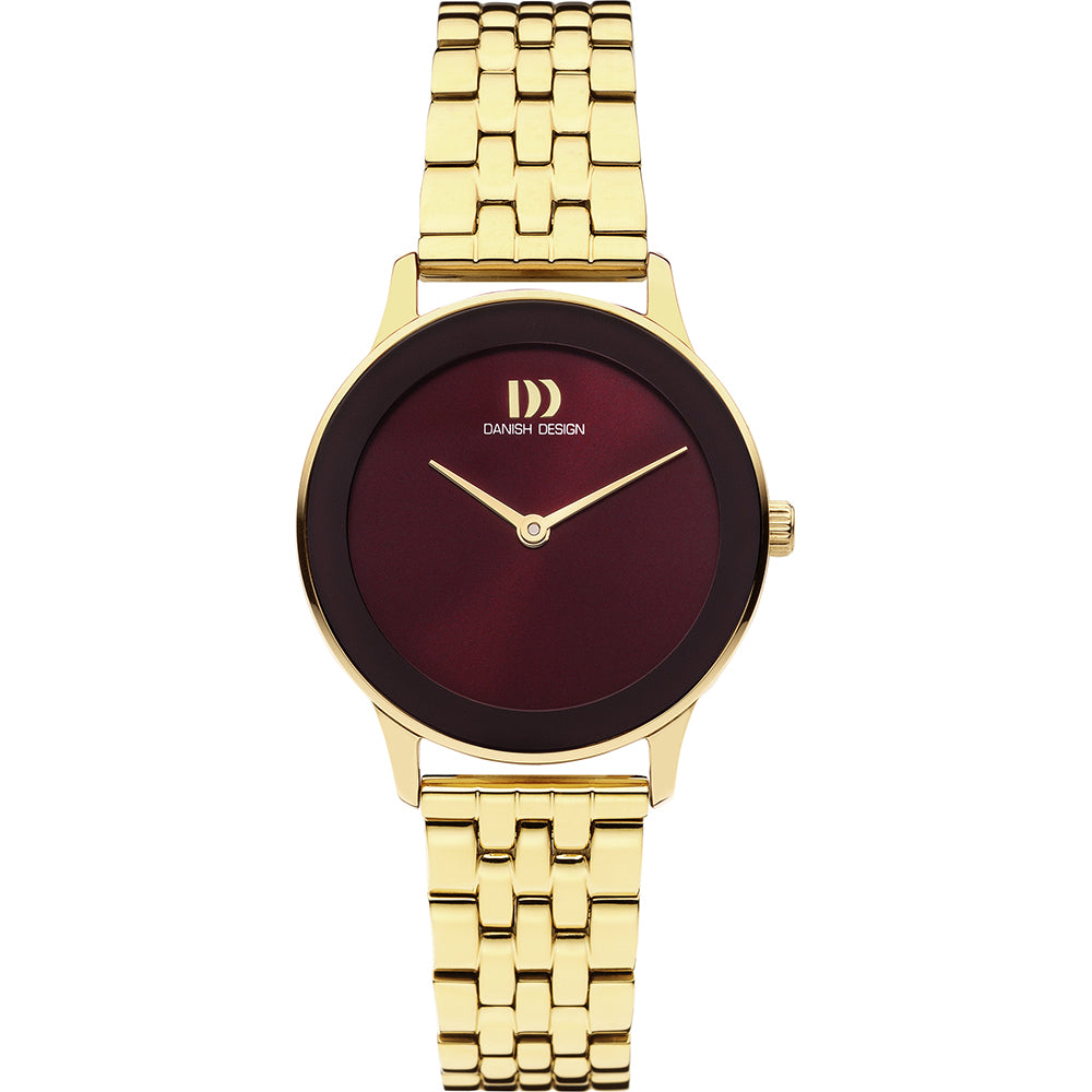 Dames horloge met bordeaux wijzerplaat, gouden kast en schakelband.