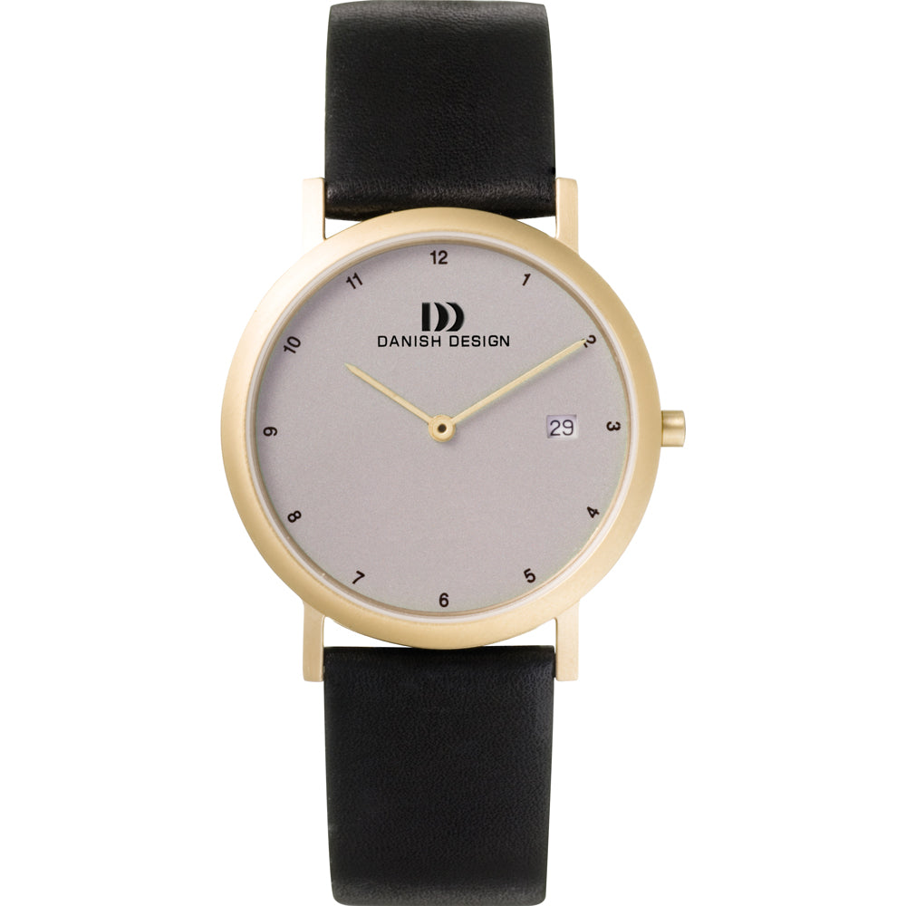 Gouden horloge met een grijze wijzerplaat en zwarte leren band.