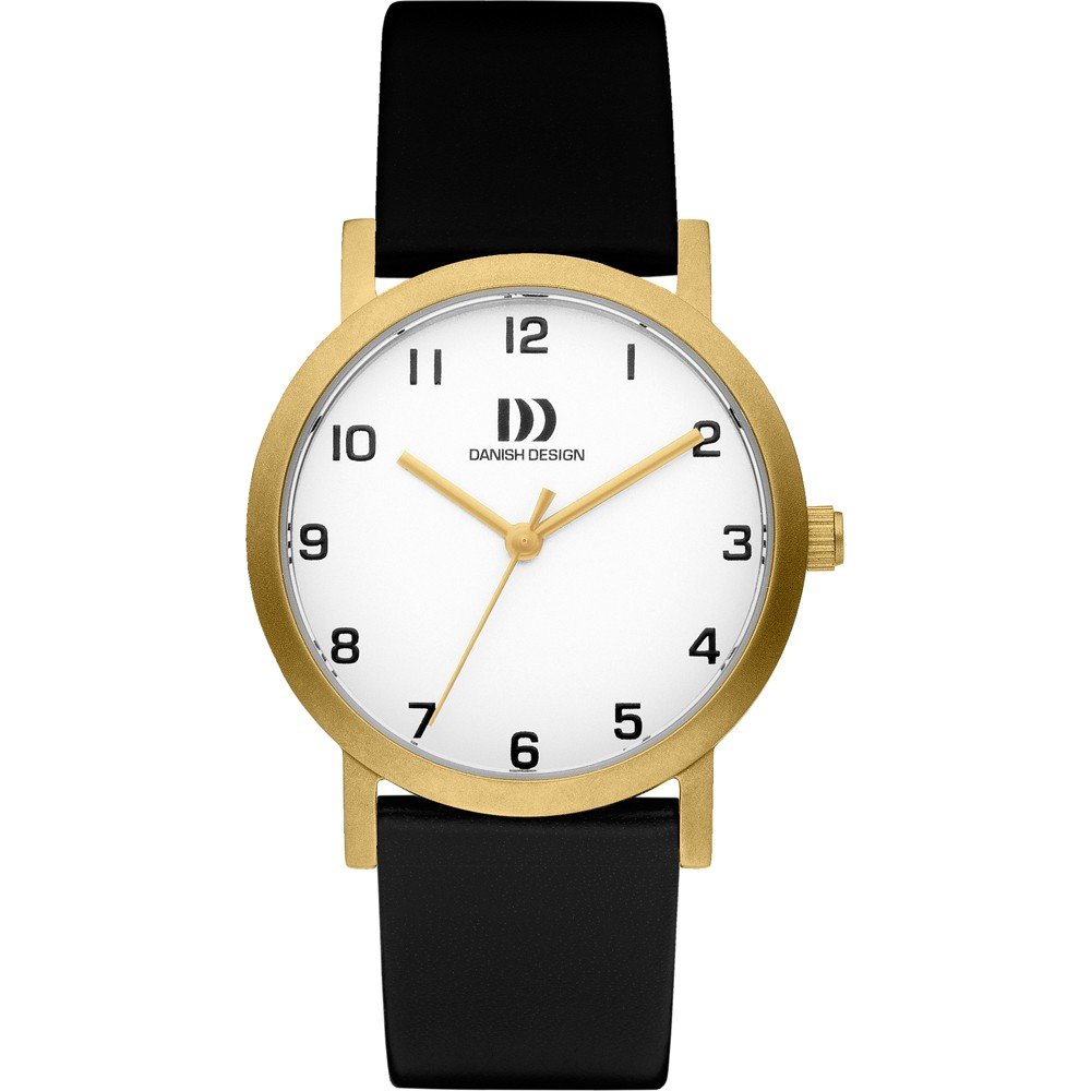 Gouden horloge met witte wijzerplaat en zwarte leren band.