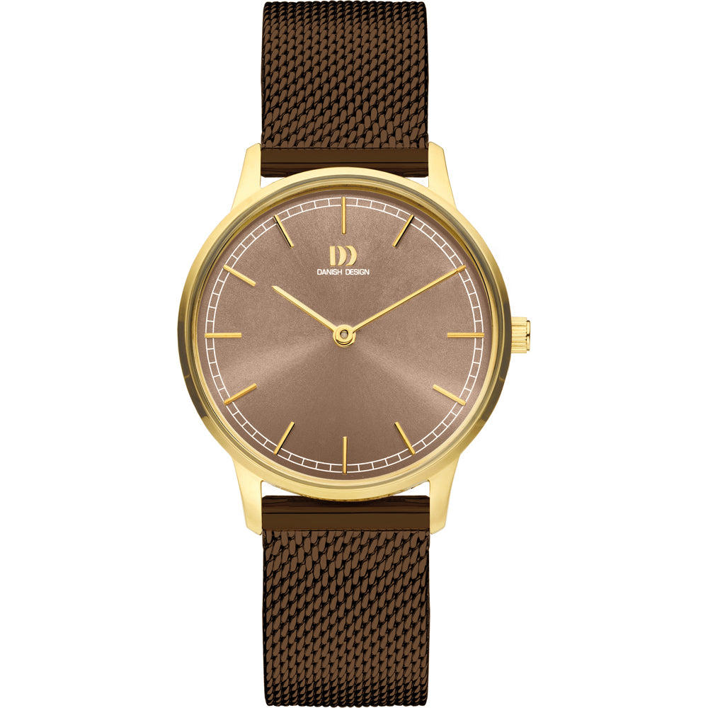 Gouden horloge met een bruin mesh-band en een bruine wijzerplaat met subtiele indexen.