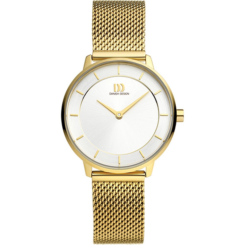 Gouden horloge met een witte wijzerplaat en een mesh-band.