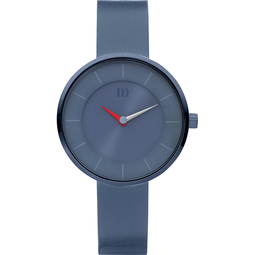 Blauw horloge met een ronde wijzerplaat, minimalistisch ontwerp en een rubberen band.