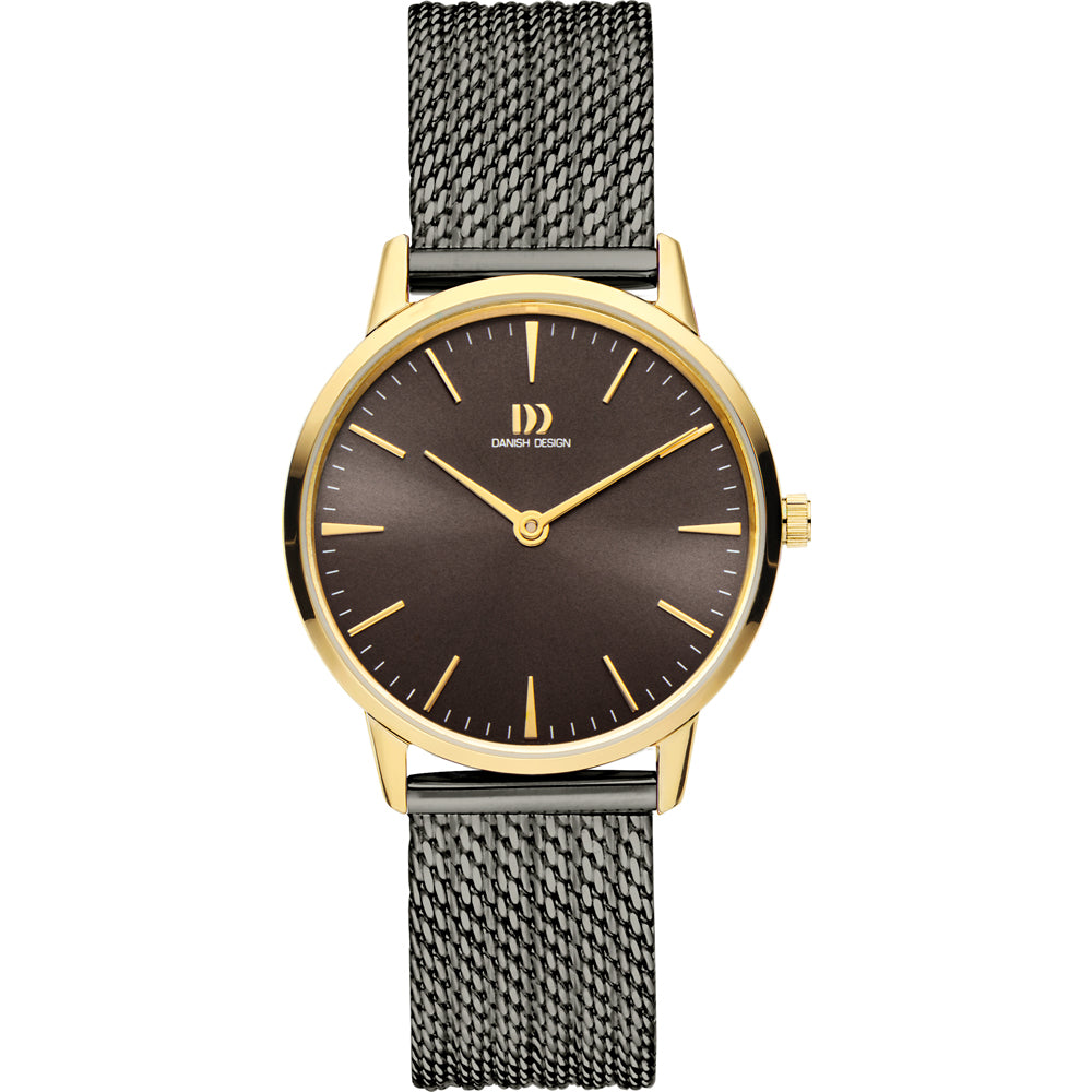 Gouden horloge met een bruine wijzerplaat en een mesh-band in zilver.