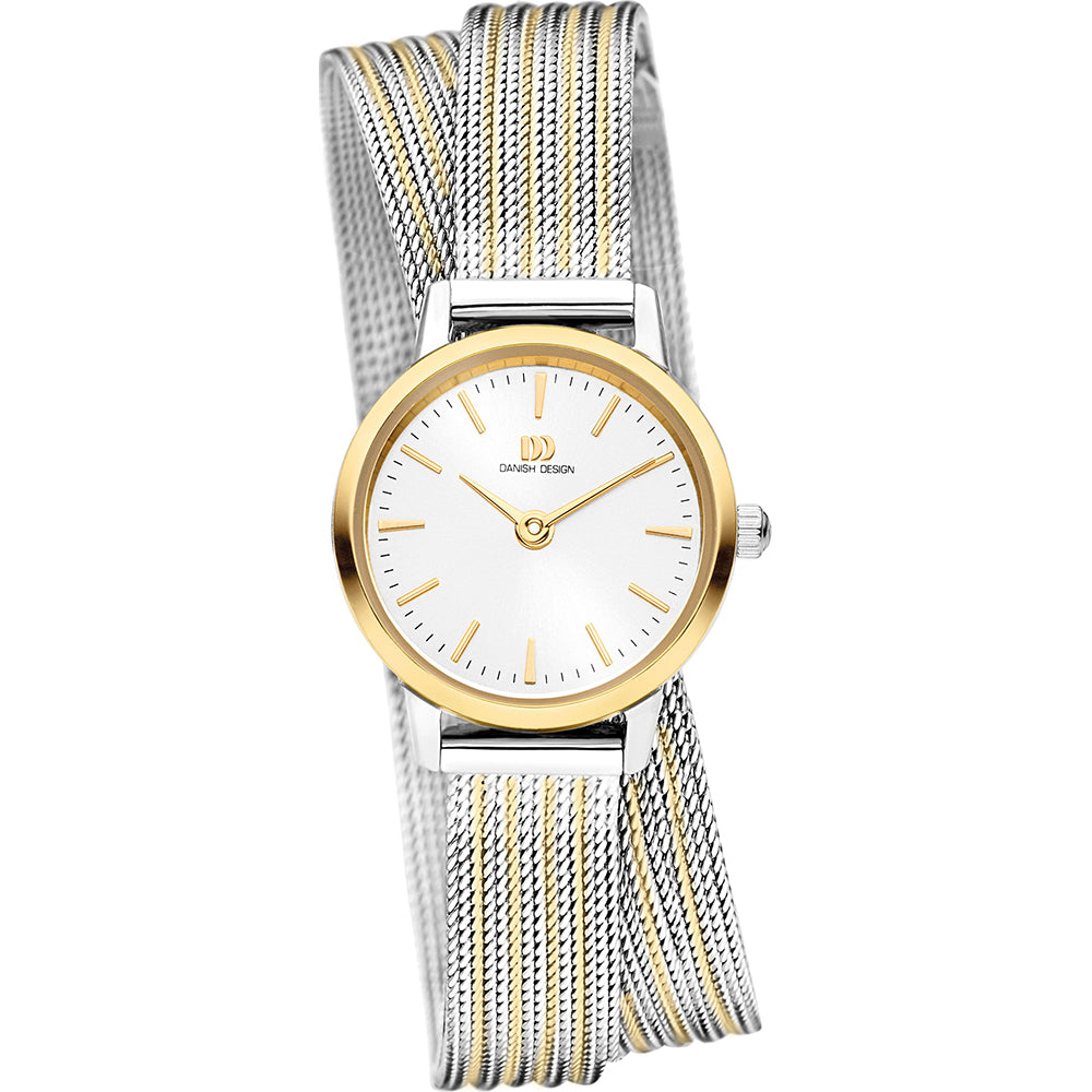 Gouden horloge met witte wijzerplaat en zilveren mesh-band met gouden accenten.