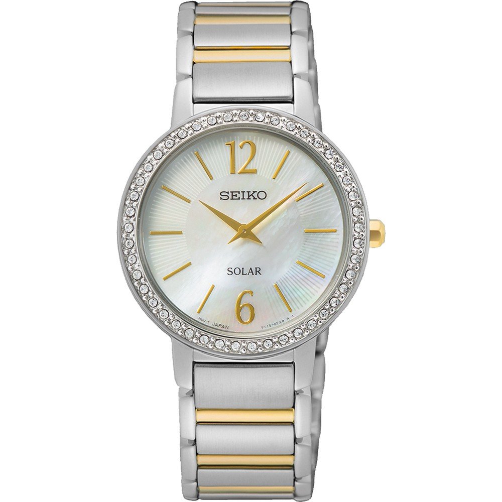 Zilveren dames horloge met gouden accenten, parelmoeren wijzerplaat en een fonkelende steentjesrand.