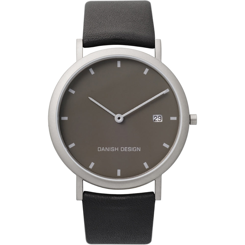 Grijs horloge met een ronde wijzerplaat, zilveren kast en zwarte leren band, voorzien van een datumaanduiding.