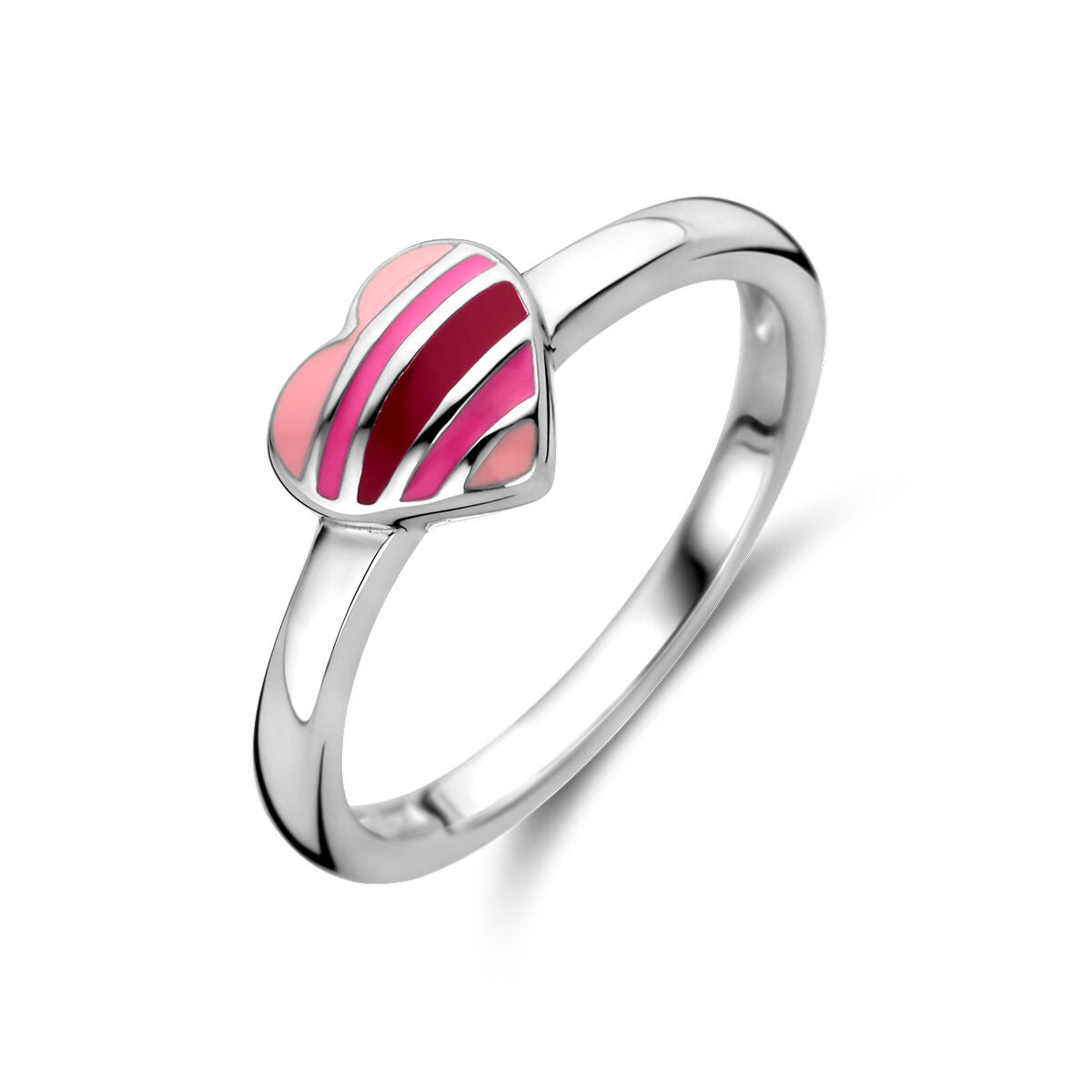 De Van der Kooij Collectie ring hart zilver gerhodineerd is een 925 zilveren kinderring met hartontwerp, versierd met roze en magenta gestreepte emaille accenten op de hartvormige top, afgebeeld tegen een witte achtergrond.