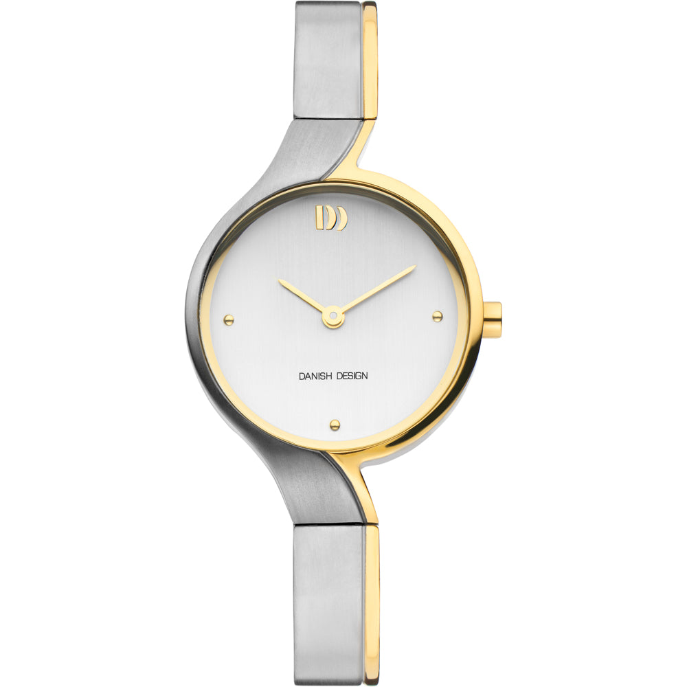 Gouden en zilveren horloge met een witte wijzerplaat en minimalistische wijzers.