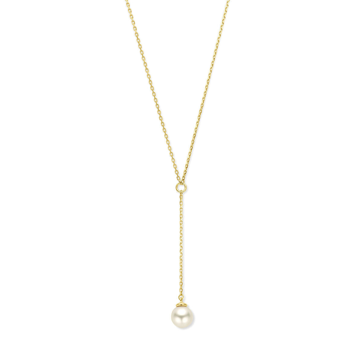 Y-collier van 14K geelgoud met een enkele parel aan de onderzijde.