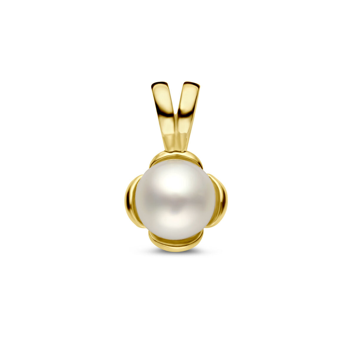 De hanger bloem parel 14K geelgoud uit de Van der Kooij Collectie is een elegant dames sieraad met een ronde zoetwaterparel, gehouden door vier gouden griffen. Perfect voor elke gelegenheid.