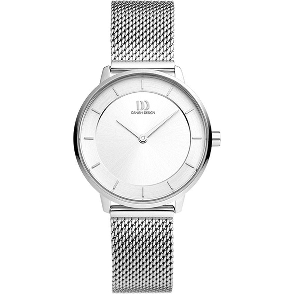 Zilveren horloge met een witte wijzerplaat en een mesh-band.
