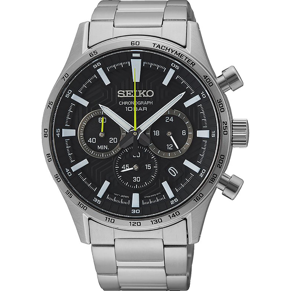 Zilveren heren horloge met zwarte wijzerplaat, chronograaf en tachymeter.
