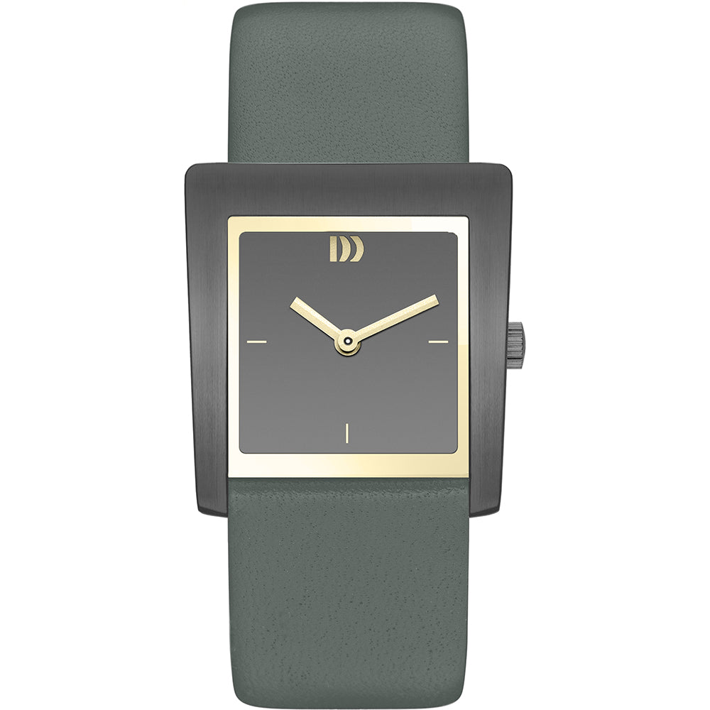 Grijs horloge met vierkante kast, zwarte wijzerplaat en gouden details, voorzien van een groene leren band.