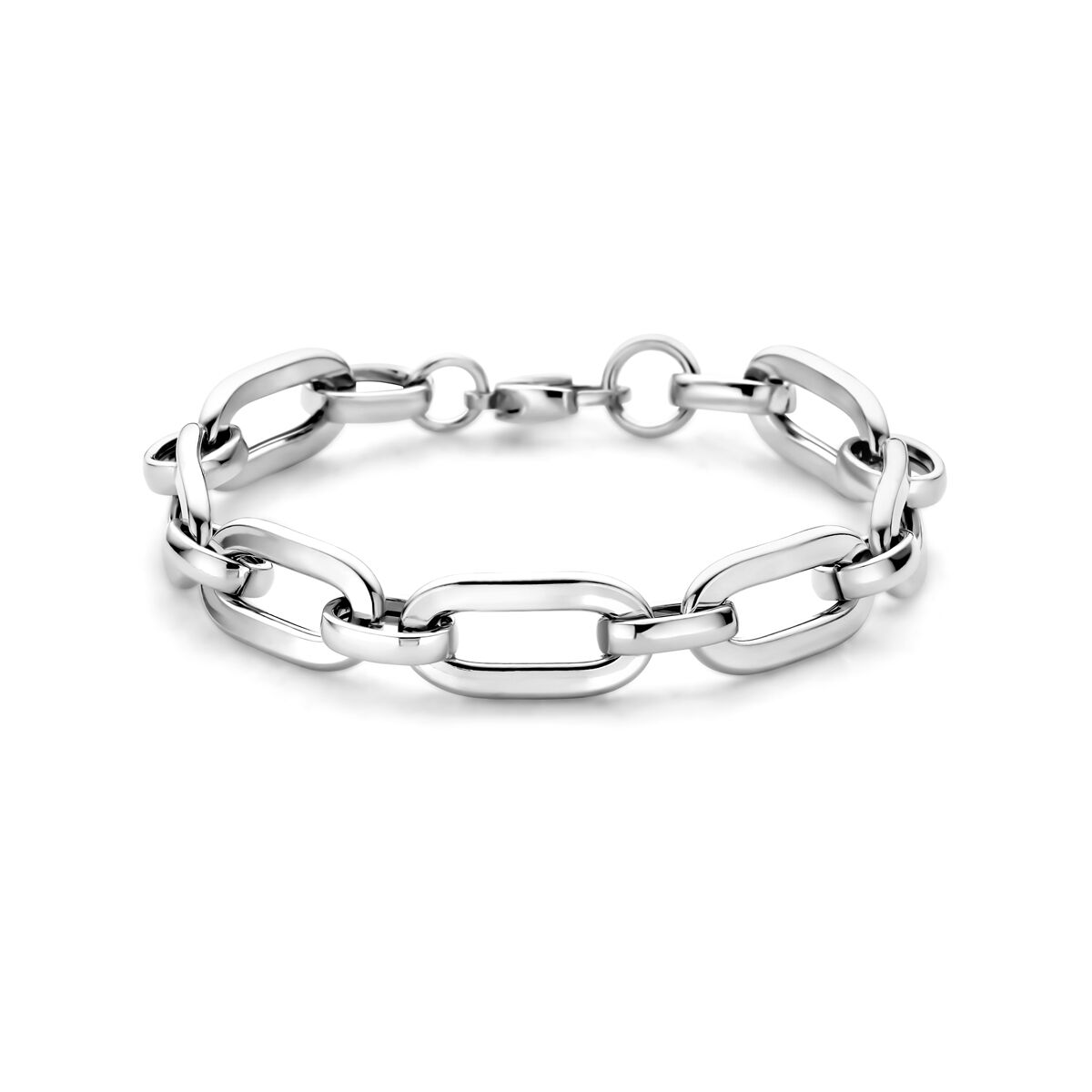Zilveren gerhodineerde armband met schakels in verschillende vormen.