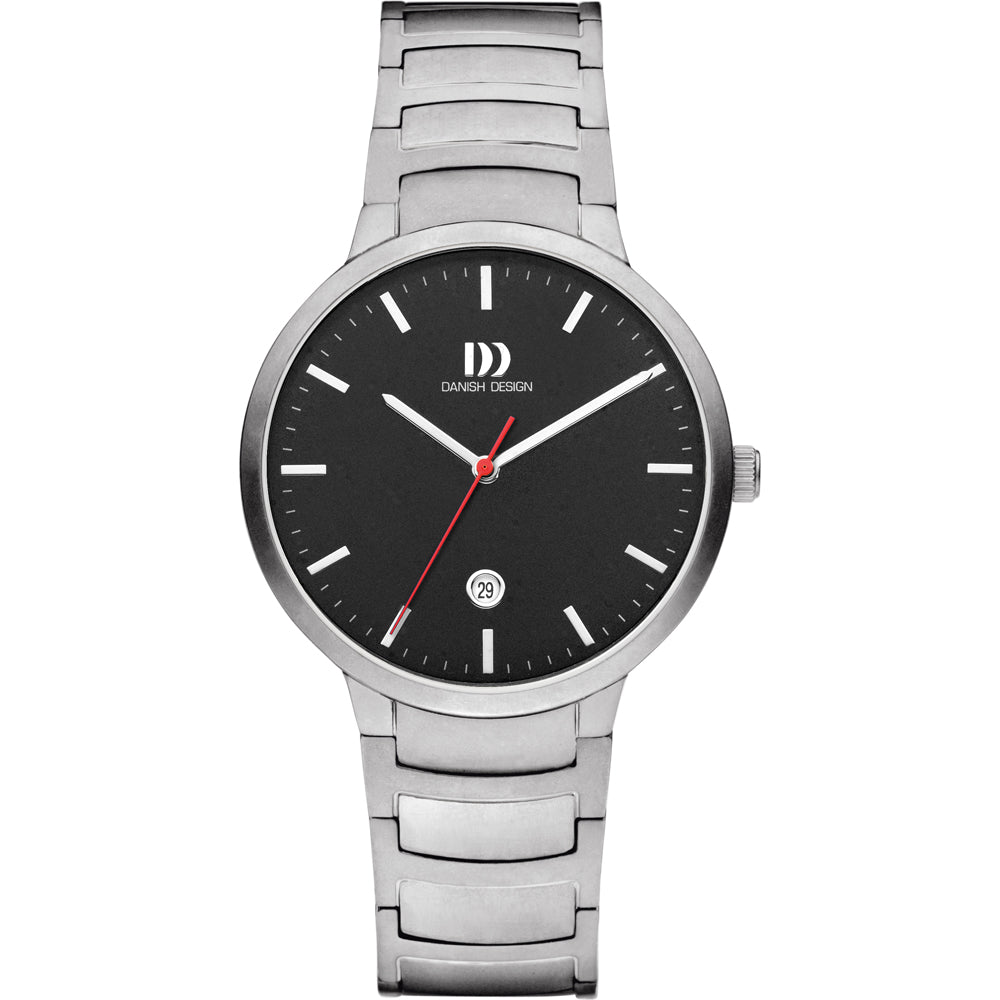 Zilveren horloge met zwarte wijzerplaat, witte indexen en rode secondewijzer.