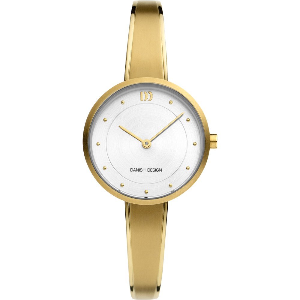 Gouden horloge met een witte wijzerplaat en subtiele uurmarkeringen.