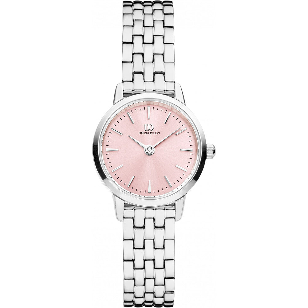 Zilveren horloge met een lichtroze wijzerplaat en een schakelband.