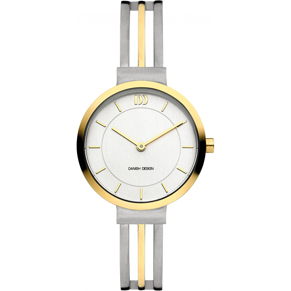 Gouden en zilveren horloge met een witte wijzerplaat en minimalistische wijzers.