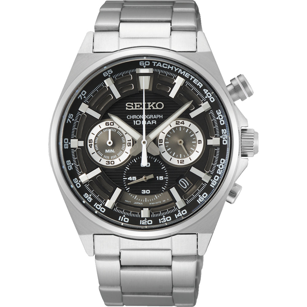Zilveren heren horloge met zwart wijzerplaat, chronograaffunctie en tachymeter.
