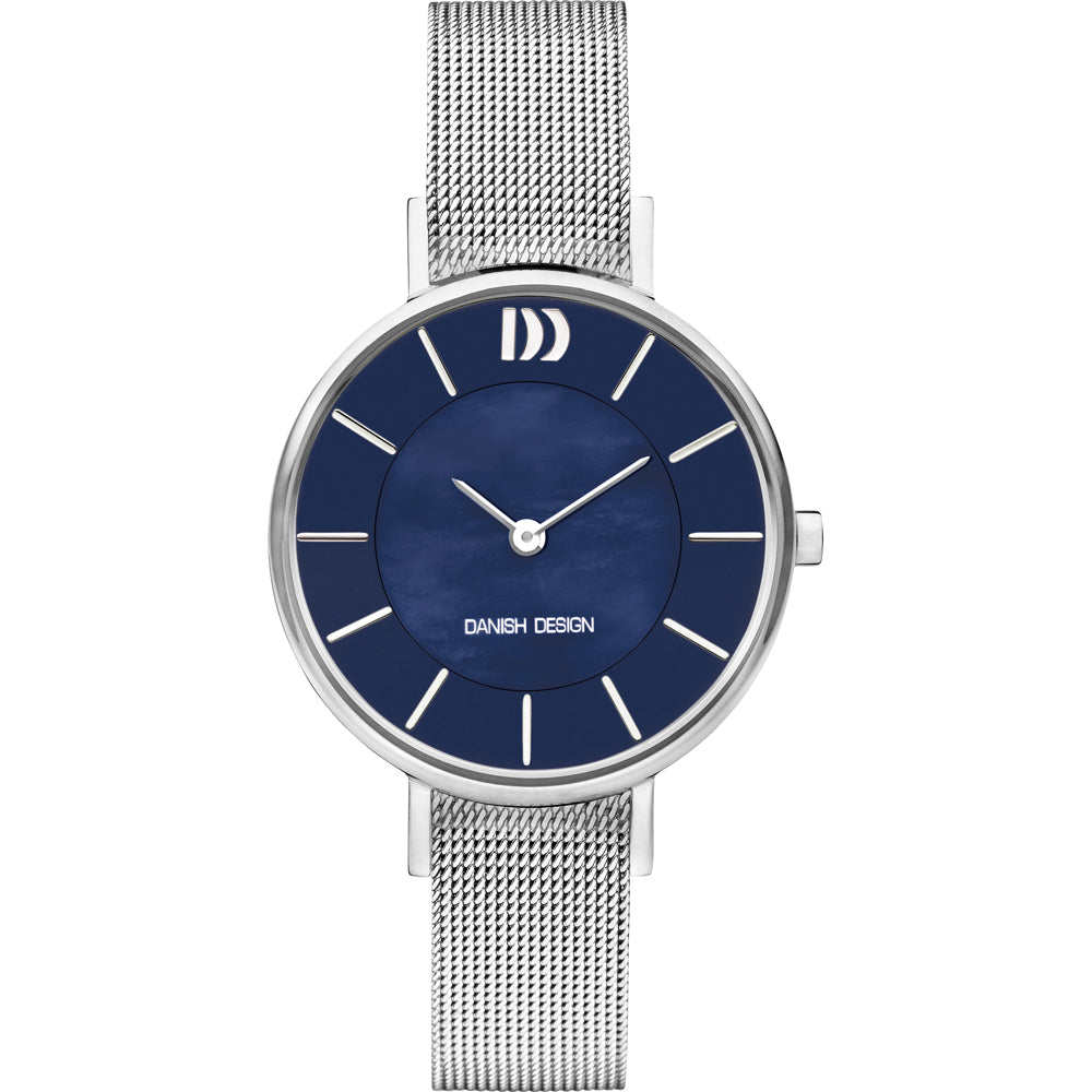 Zilveren horloge met mesh-band en een blauwe wijzerplaat met streepindex.